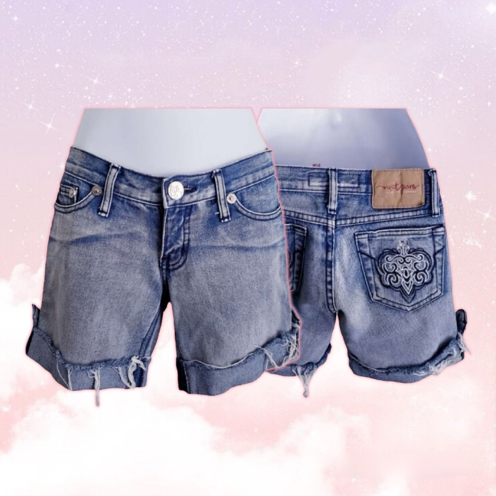 Light Blue Faded Cuffed & Frayed Jean Shorts with Back Pocket Patterns